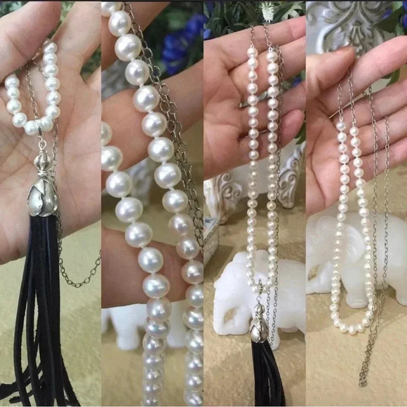 Leather And Pearls,Tassel Necklace,Long Pearl Necklace,June Birthday - Picture 6 of 6
